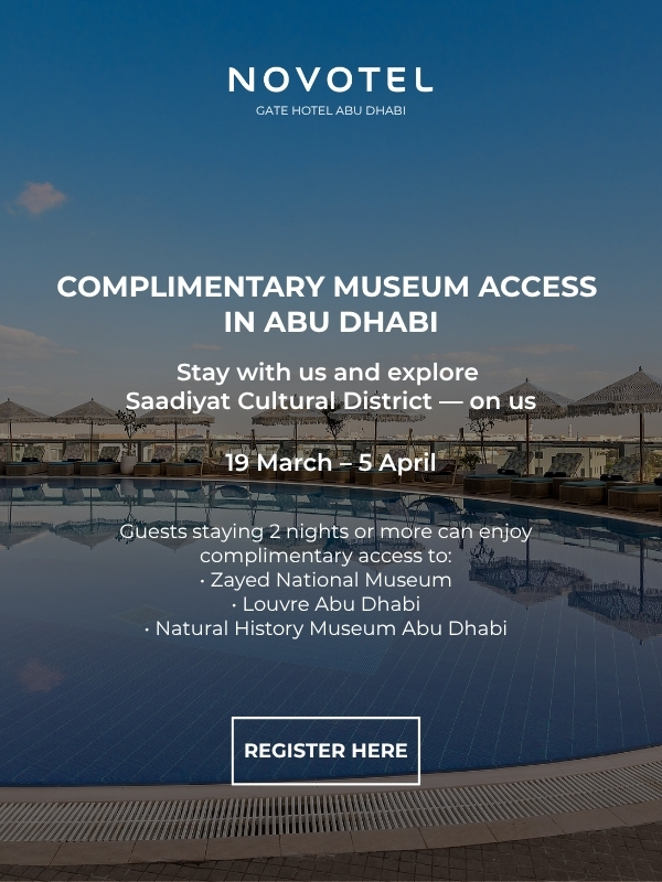 Guests relaxing by the pool at Novotel Gate Abu Dhabi with complimentary museum access offer to Saadiyat Cultural District including Louvre Abu Dhabi